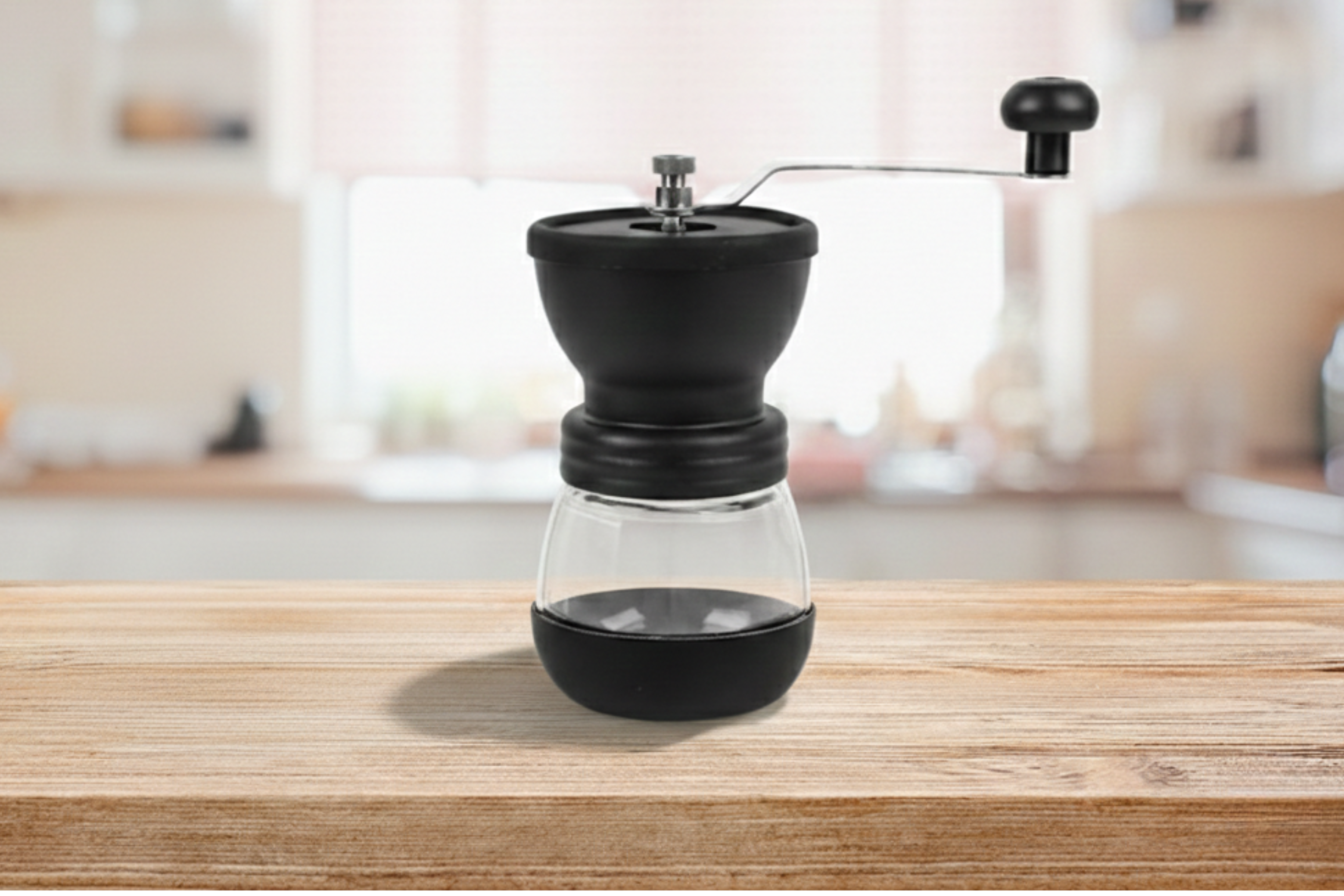 Molino manual de café con fresas de cerámica y vaso de vidrio